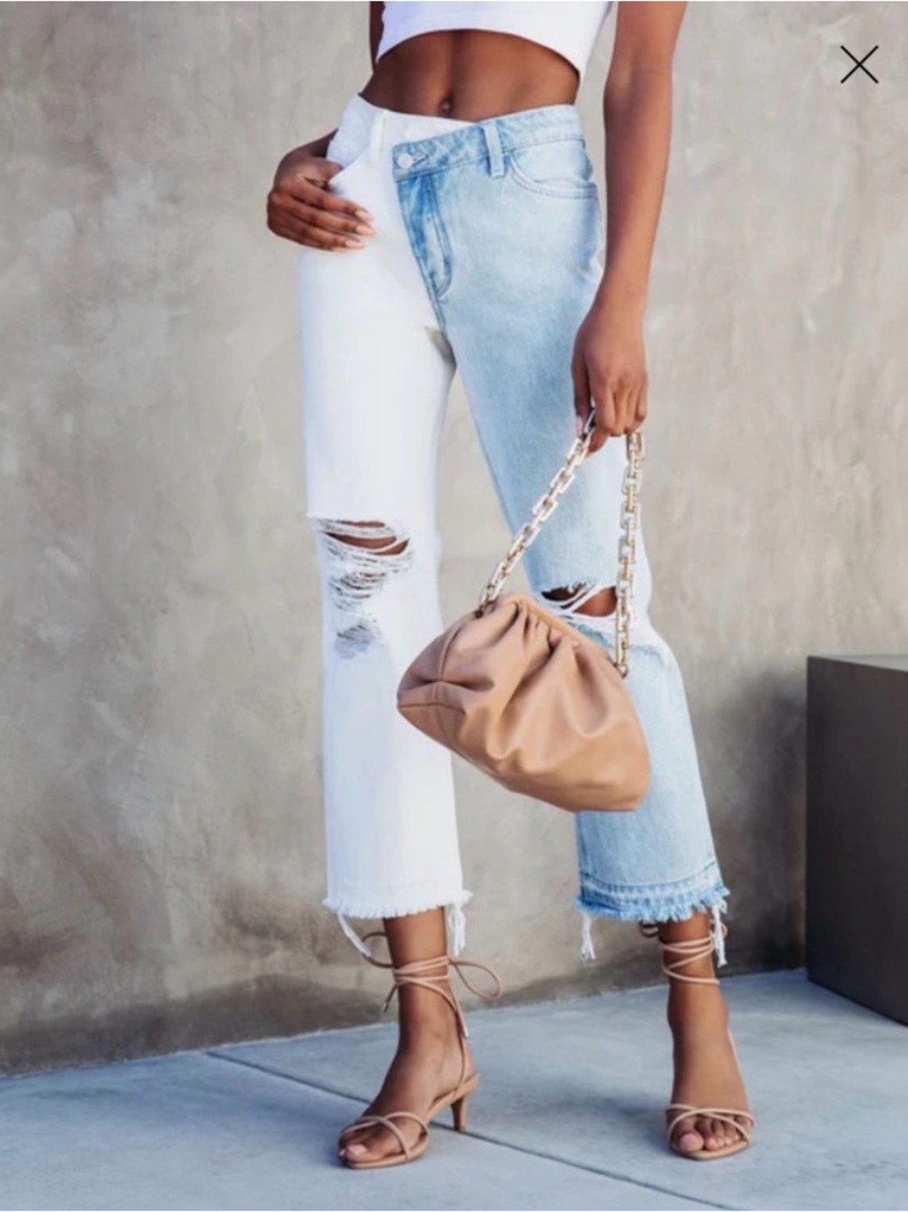 Two-Tone White and Light Blue Cropped Distressed Jeans